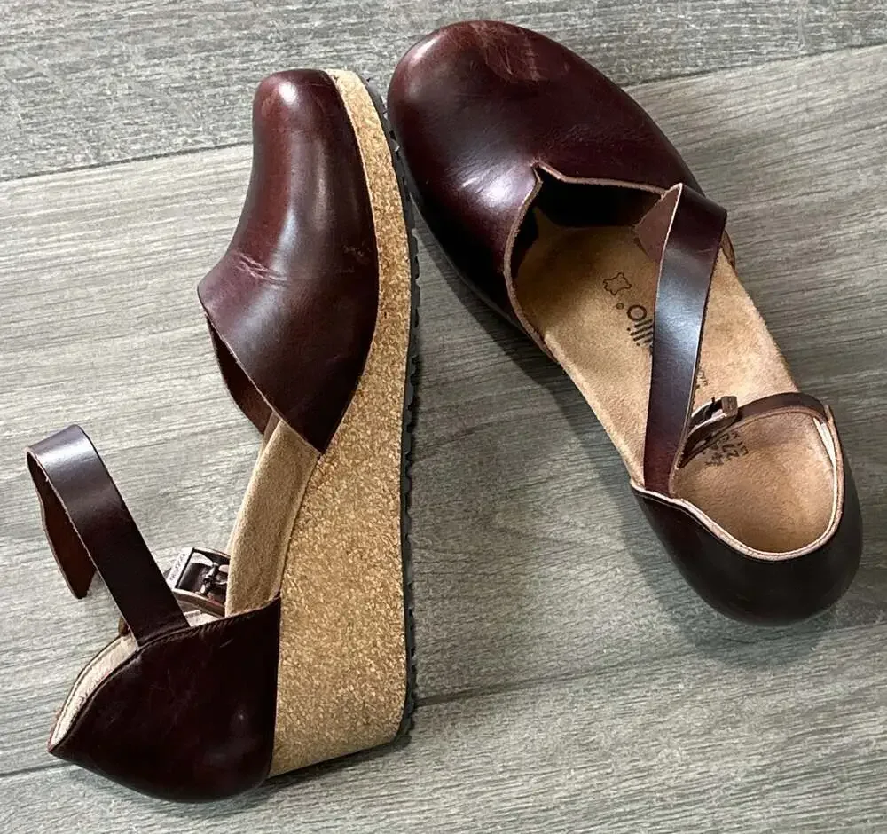 Papillio Birkenstock Mary Brown Leather Wedge Heels Cork Sandals Women's Size 42